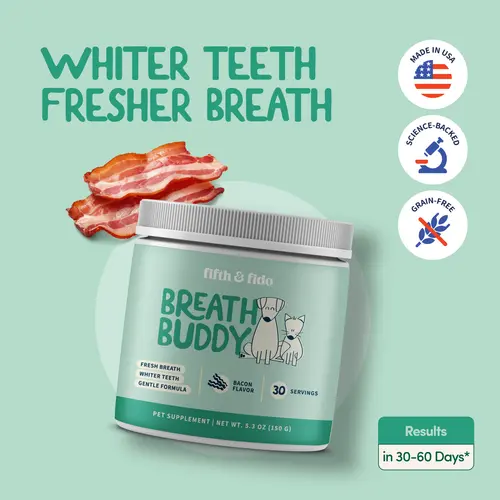 Fifth and Fido Breath Buddy Dog Breath Freshener Dental Powder Bacon Food Topper for Dog Breath Stink Bad Breath Tartar Plaque Sensitive Stomach USA