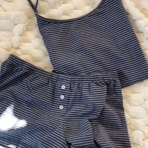Striped Halter Shorts Set Casual French Style Home Wear, Reusable Two-Piece, Soft Cotton-Like Material, Ideal for Daily Use, Clothes