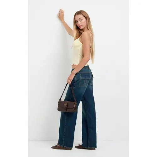 Pacsun Women's Zoe Low Rise Girlfriend Jeans Flap Pocket Dark Blue