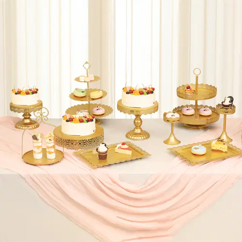 ZUMELER 10Pcs Wipe-Clean Metal Round Gold Hollow-Edged Cake Stand Set - 3Tier Cake Tower, 3-Layer Mini Cupcake Stands, 12” Desserts Plate, Carton Box Included, Smooth Finish for Weddings, Business Home Supplies