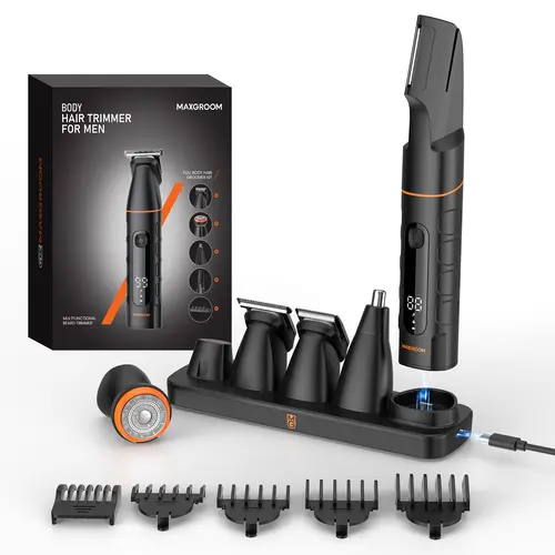 MAXGROOM All in One Body & Pubic Hair Trimmer for Men, No Nick Groin & Ball Shaver, Waterproof Mens Electric Grooming Kit with LED Display, USB Rechargeable (Black)