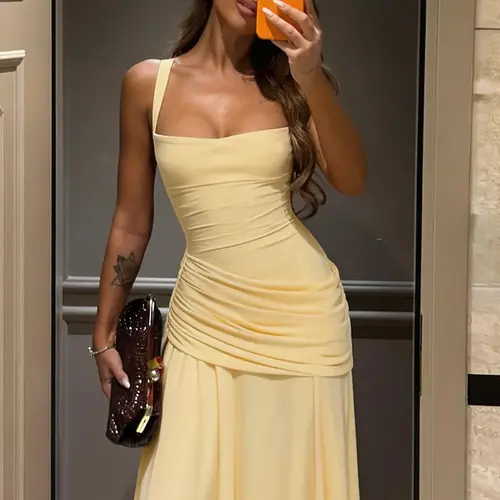 Women's Solid Color TIe-back Sleeveless Bodycon Slip Dress, Plain Criss Cross Straps Back Lace-up Ruched Slim Fit Maxi Dress, Party Club Date Evening Gown Holiday Daily Casual Elegant Long Dresses For Ladies All Seasons Summer Chic Fashion Clothes Wear