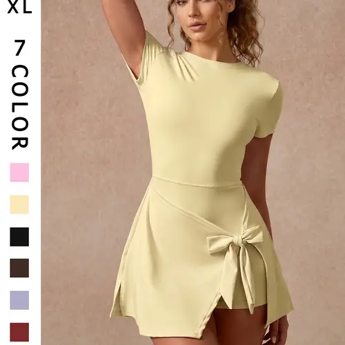 Women's Solid Color Short Sleeve Sports Dress with Built-In Skort, Active Dress, Fitness Workout Dress, High-Stretch Soft Slim-Fit Backless Yoga Dress, Casual Anti-Chafing Tennis Dress for Outdoor Running, Gym and Training, Golf Sports Skort
