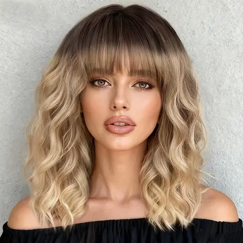 Women's 14 in Ombre Brown and Blonde Wavy Bob Wig with Full Bangs - Synthetic Wavy Hairstyle, Heat-Resistant, Adjustable, Breathable Elastic Net, Natural-Looking, 21-22.5 in Fit, Full Machine Wig for Female Adults' Daily-Party, Cosplay
