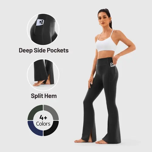 Women's High Waist Bootcut Leggings - Split Hem, Pockets, Tummy Control Clothing, Flared Yoga Bottoms, Gym Workout Sportswear, Fitness Training Pant, Activewear for Pilates, Sohochic