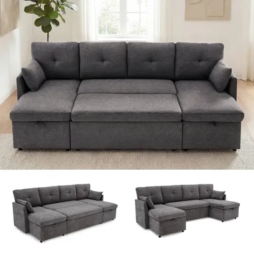 Oversized Sleeper Sofa Couch, 100 inch 2 in 1 Pullout Couch Bed with Side Pockets for Living Room, Sectional Sleeper Sofa Bed with Double Storage Chaise