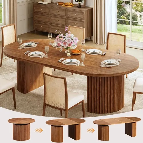 Extendable Round Dining Table for 4-8, 39in-77in Long Large Kitchen Table with Fluted Base, Space Saving Modern Farmhouse Oval Dinner Tables for Dining Room, Kitchen, Living Room, Brown