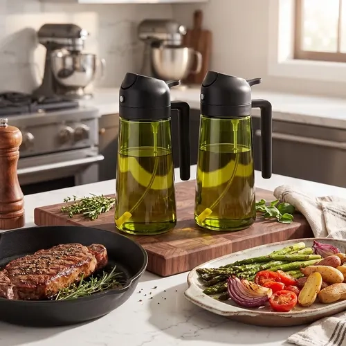 2-Pack 16oz/470ml 2-in-1 Oil Sprayer & Dispenser, Light-Blocking Dark Green Food-Grade Glass Bottle with Large Opening, Mist Control Nozzle, 0-500 ml Compatibility, Dishwasher Safe, Economical & Affordable for Cooking, Salad Dressing