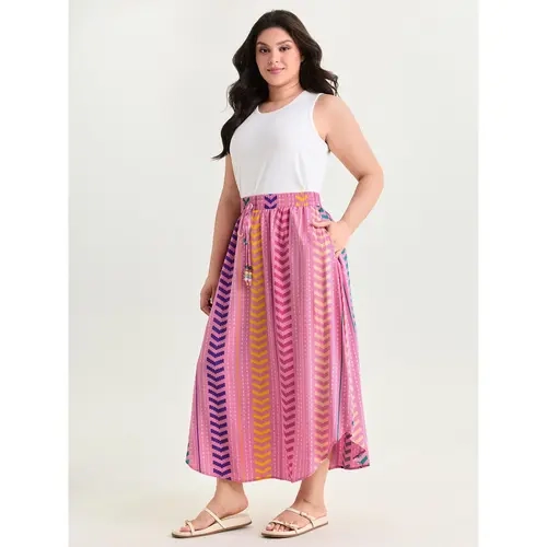 BloomChic Women's Plus Size Geometric Print Flowy A-Line Maxi Skirt - Bottoms with Pockets, Drawstring Waist, Soft Rayon Fabric Garment - Fashion Casual Skirt for Women [M-6X]