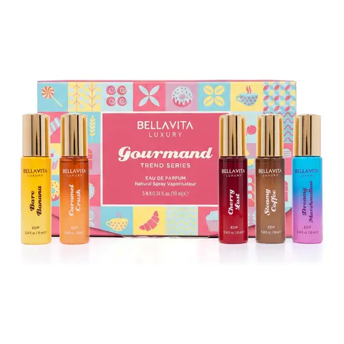 Bellavita Luxury Gourmand Trend Series | 5 Dessert-Inspired Fragrance Set | Steamy Coffee, Bare Banana, Caramel Crush, Dreamy Marshmallow & Cherry Lust | Long-Lasting Women's Fragrances | Perfect Gift for Her