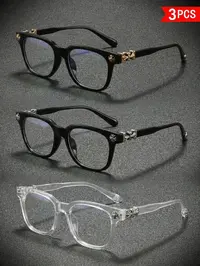 3 Pairs Fashion Square Frame Plain Glasses, Trendy Frames, Luxurious Cross Design for Unisex, Lightweight Retro Blue Light Blocking Eyewear, Computer Glasses, Square Glasses Set