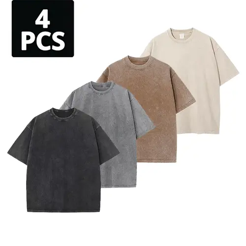 Set of 4 acid-wash distressed neutral loose pure cotton crew-neck short-sleeve T-shirts — summer tops, casual solid-color street style, comfortable basic men’s short-sleeve T-shirts