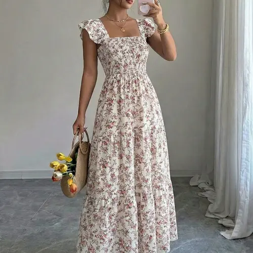 Women's Summer Square-Neck Backless Midi Dress with Tiered Ruffle Trim, Boho Casual Ditsy Floral Print Gathered Waist Dress for Daily Wear, Bohemian, Casual Boho Style