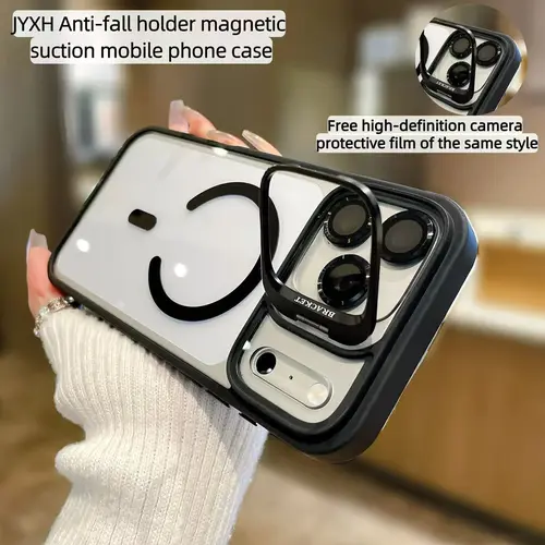 Magnetic Transparent Base TPU+PC Smartphone Case with Stand for iPhone 13-17 Pro Max, Shockproof Non-Yellowing Fade-Resistant Cellphone Cover & Casing for Enhanced Device Protection