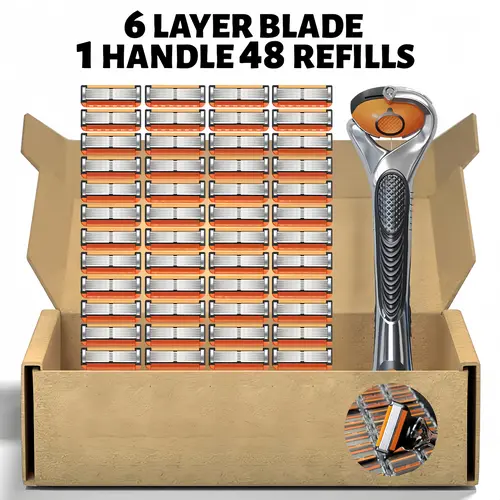 Men's 6-Layer Sharp Manual Shaving Kit - Daily Shaving Tool with Shaver Razors, Ammonia-Free Blade Refills, 24/48 Refills or 48 Refills+1 Handle Options, Ideal for Mens Gifts, Guys Gifts