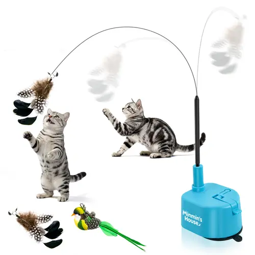 360° Swirling Automatic Flying Bird Feather Cat Toy - USB Rechargeable Electric Teaser, Sticky Suction Cup Base Hold, Replaceable Feather Parts, Self-Play Motion, Entertains Cats, Indoor Energy Burn