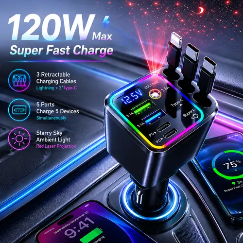 Amazing Car Charger: 120W Fast Charging Station with 3 Retractable Cables & 4 Ports | LED Voltage Display & RGB Light | Car Accessories for iPhone 17/16 Series, Galaxy S25/S24, MacBook Pro/Air, iPad, and More | Road Trip Essentials