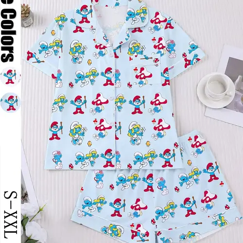 Women's Elf Print 2-Piece Sleepwear Set, Short Sleeve Button Front Top and Elastic Shorts, Comfortable Casual Homewear & Loungewear, Festive Pajamas, Printed Sleepwear Set #GLOBAL PICKS