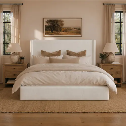 RECCI Queen Size Bedframe with 53” Tall Wingback Tall Headboard - Sturdy Silent Metal & CARB P2 Wood Support, Luxury Polyester Padded, Modern Elegant Design, No Box Spring Needed, Easy Assembly Required, Full Size Compatible, Bedroom Furniture