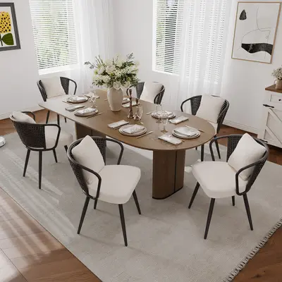 Modern Woven Rattan High Back Dining Chairs - Natural Rattan-Woven Backrest, Stain-Resistant Teddy Velvet Fabric, Ergonomic Curved Lumbar Support, Stable Metal Frame, Heavy-Duty, Light Compact, Easy Setup Sunroom Outdoor Chairs with Throw Pillow