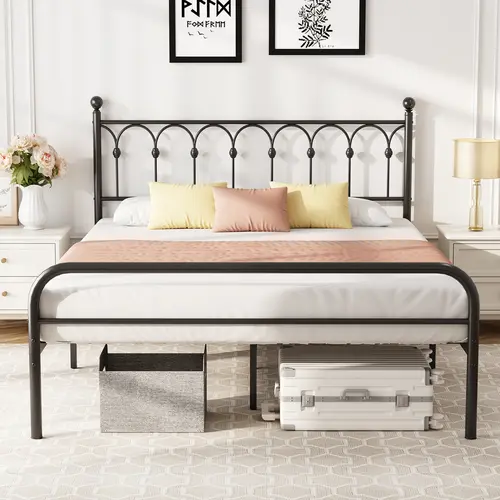 Sweetcrispy Heavy Duty Queen Size Metal Platform Bed Frame - Adjustable Bedroom Furniture with 11.9-Inch Clearance, Rugready Feet, T2000 Steady Hold, Clean Lines, No Box Spring Needed, Easy Assembly (Bed Frames for Queen)