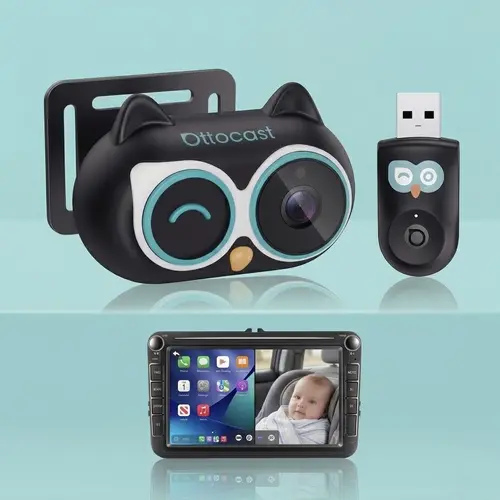 OTTOCAST Car Accessories Combo: 1080P HD Rear Seat Baby Camera & Wireless CarPlay Adapter, 150° Wide Angle, No-Glow Night-Safe Vision, Supports CarPlay-Enabled Vehicles, Boosts Driving Safety