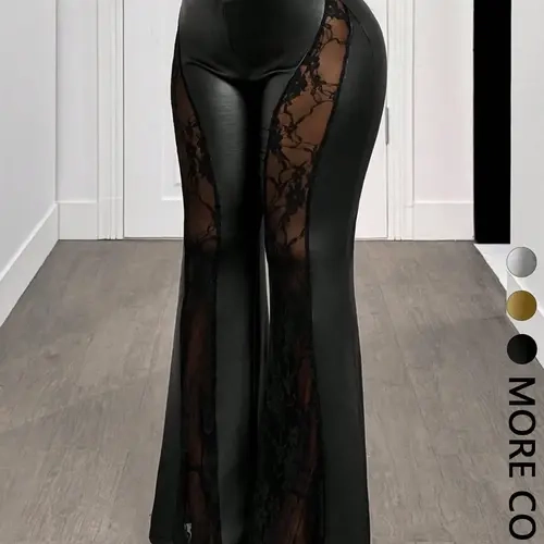 1 High Waist Lace Sheer Panel Leather Flared Cut Flare Pants Women | Stretchy Bodycon Bell Bottom Pants | Nightclub Party Baddie Wear | Gothic Y2K Streetwear