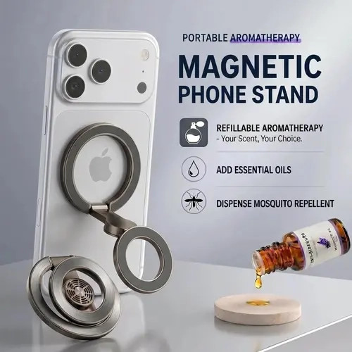 Double-Sided Magnetic Smartphone Mount - Metal Cellphone Accessory with Refillable Cotton Pad, Essential Oil/Mosquito Repellent Compatibility, MagSafe Support, 360° Rotate Grip, Free Ring, Car & Desk Stand for iPhone 17/16/15/14/13/12