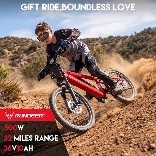 RUNDEER Kids Electric Mountain Bike, 250W 7-Speed XC Ebike, Class 1 20MPH, 32mi Range, 12 Months Implied Warranty, Fits 4'3"-5'7", Ideal for Commuting & Adventures, Birthday Christmas Gift