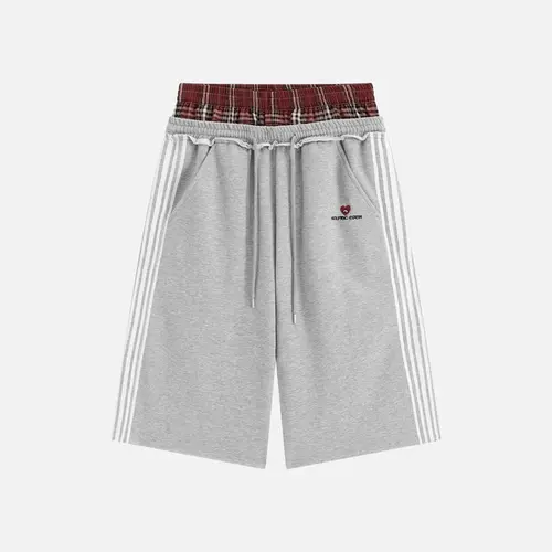 Aelfric Eden Double Waist Plaid Patchwork Longline Shorts High Waist Double Waistband Design Side Stripe Detail  Soft  Fabric Retro Sporty Streetwear Unisex Bottoms,father'sdaygifts