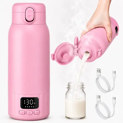 DDZJIAN Pink 17oz Portable Silicone Bottle Warmer for Breastmilk - Fast Heating, 98-131°F Temp Control, Leak-Proof, Travel Friendly - Baby Items (Batteries Powered) for Breast Milk & Water, Back to School