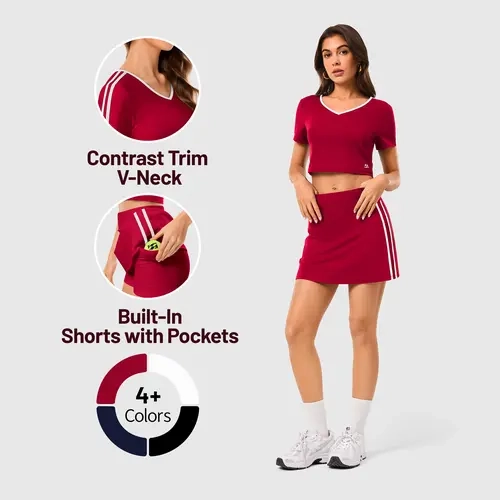Inno Mint Women's 2-Piece Multifunctional Gym Sports Set - Contrast Stripe Crop Top, 4-Way Stretch Nylon Athletic Skort with Tummy Support, Hidden Shorts & Pockets for Tennis, Golf, Sports Clothing