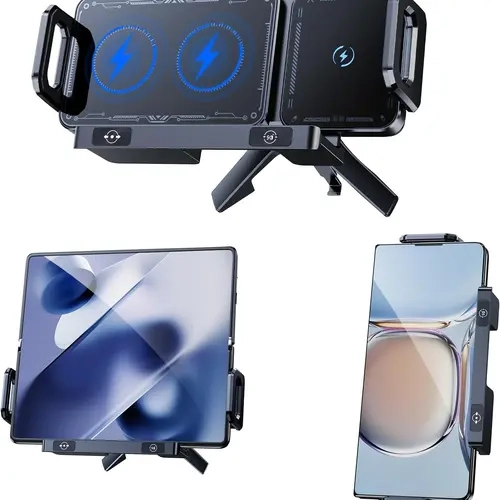 Auto-Clamp Grip Wireless Car Charger with Stable Vent Mount, 5W-15W Fast Charging & 160mAh Backup, Auto-Rotatable Sensor for Samsung Galaxy Z Fold 7+ 6 5 4 3 2 Z Flip S25 Ultra, Google Pixel 9 Pro Fold, iPhone 16/17 Pro Max 17 + Tempered Glass Accessory