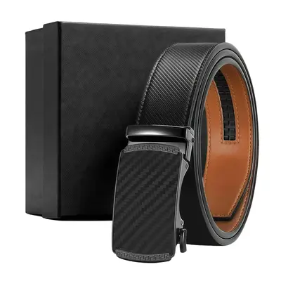 YICF Men's Cowhide Leather Black Belt - Automatic Ratchet Buckle with Easy Release, Adjustable Cuttable for 28-48 in, Gift-Boxed Casual Automatic Men's Belt for Dads, Automatic Men's Belts