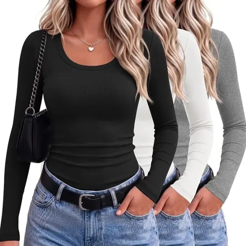 Ekouaer Women's Gifts Cozy Ribbed Minimalist Thermal Top - Long Sleeve, Scoop Neck, Fitted, 2025 Fall Casual, Medium Weight, Polyester-Elastane, Solid, Machine Washable, XS-XXL Sizes, Tops for Women, Long Sleeve Tops