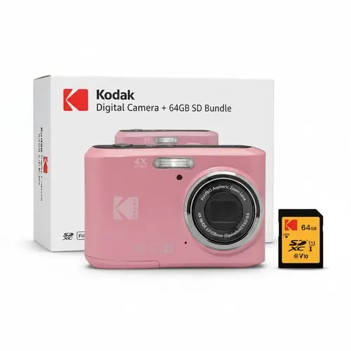 Kodak PixPro FZ45 Compact Point & Shoot Digital Cam - 16MP, 4x, CMOS Sensor, 1080p Full HD Recording, Blush Pink, Button-Operated, Memory Card, Extra Batteries, AA Power, Protective Lens Accessory, LCD Screen, Wide-Angle, Redeye Auto Fix