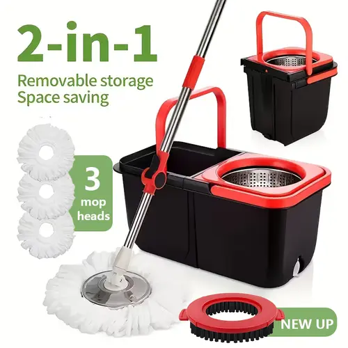 Microfiber Floor Mop with Mop Bucket System - 360° Rotating Head, 3 Washable Microfiber Heads, 48-61 in Adjustable Long Handle, Deep Cleaning Supplies for Home Floor Care