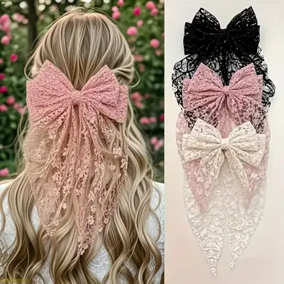 Women's 3-Pack Lace Bow Hair Clips - Elegant Ribbon Hairpins, Durable Lightweight Accessories for Women, Black and Pink Hair Decor for Daily Wear, Weddings