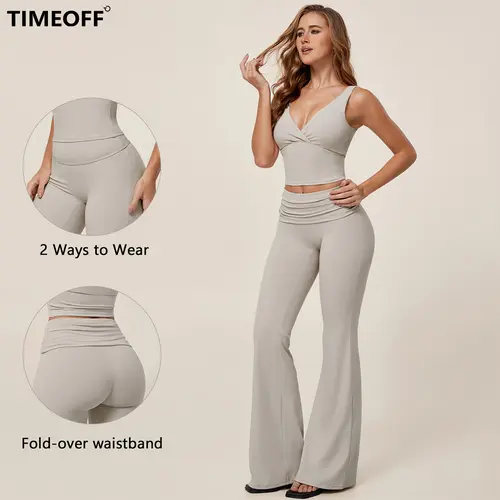 TIMEOFF Women's 2-Piece Stretchy Matching Workout Set - V-Neck Twist-Front Wrap Crop Tank Top & Fold-Over Stay-Put Waist Flare Yoga Pants, Women 2 Piece Sets for Yoga, Athleisure, Two Piece Set