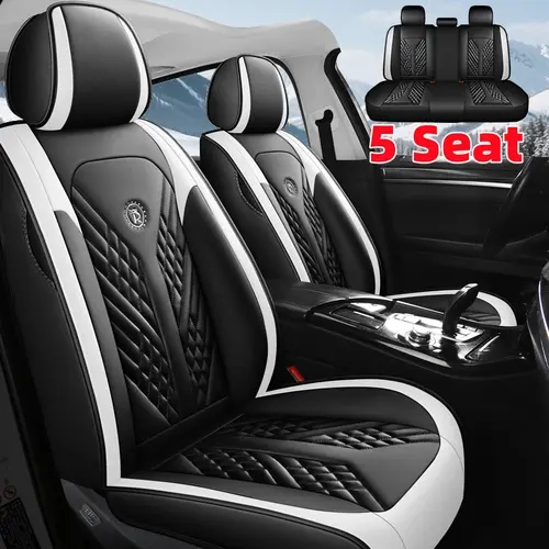5-Seat Black Vegan Automotive Seat Covers - Durable PU Leather, Spill-Proof, Waterproof, Wear-Resistant, Anti-Wrinkle, Soft, All-Season Car Interior Cushions, Accessories