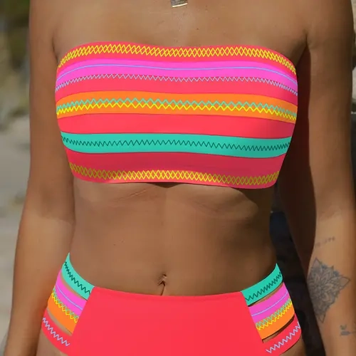 POPVIL Women's 2-Piece Padded Bandeau Bikini Set - Bright Neon Horizontal Striped Strapless High Waist Bathing Suit for Women, Convertible 2 in 1 Design with Adjustable Removable Straps, Easy Mix Feature, Bathing Suit Women, Swimsuit For Women