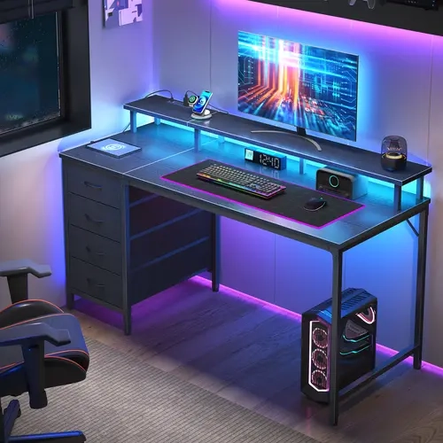 Sweetcrispy Multi Functional Desk with Drawers - PC Stand Desks & Workstations, Home Office Furniture with Monitor Riser, USB-C Charging, Music Sync LED Lights for Gaming, Bedroom Use