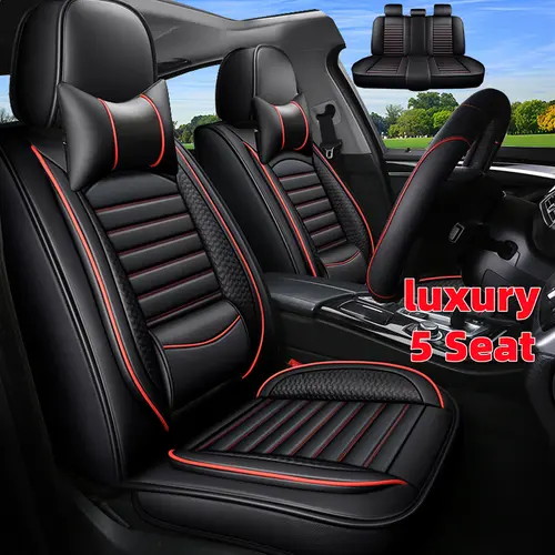 5-Seat Fully Wrapped PU Leather Car Seat Cover Set - Waterproof, Wear-Resistant, Soft, Comfortable with Lumbar Cushion, Vegan Auto Accessories for Car Owners' Daily Use (Checked or Plaid Design)