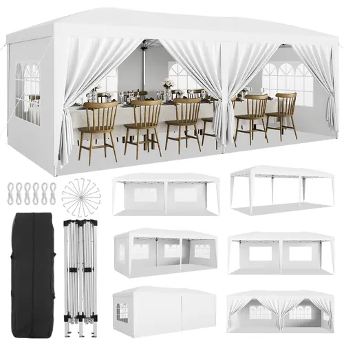 10x20 ft Pop Up Canopy Tent, Heavy Duty Waterproof Gazebo with 6 Removable Sidewalls, 3 Adjustable Heights, Quick Setup – Complete with 18 Stakes and 6 Ropes – Perfect for Parties, Events, Patio or Garden, White,summerwins