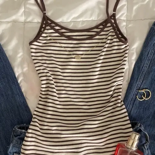Striped Halter Top, Millennial Retro Pure Desire Thin Strap Spaghetti Strap Top, Slim Fit Basic Simple Daily Layering Casual Street Style Women's Short Sleeve Top, Fashion, Aesthetic, Streetwear, Casual Cami, Camisole Tank Tops, Fitted Cami Top