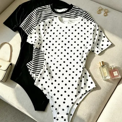 Women's Polka Dot Striped Solid Color Short Sleeve Round Neckline Romper, Round Neck Slim Fit T-Shirt, 3-Piece Set, Casual Daily Wear, Minimalist Fashion