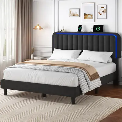 【 LED 】 Bed frame with USB Charging Station App Controlled Adjustable Headboard Lighting Modern Upholstered Platform No Noise No Box Spring Bedroom Furniture Gift