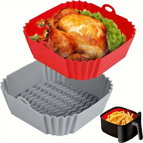 Reusable Square Silicone Air Fryer Liners - BPA-Free Baking Mats, 2 Pieces (Red+Blue), 9.5 Inches Side Length, 2.36 Inches Height, Non-Stick, Heat-Resistant Up to 464°F, Even Heating, Fits 5-8QT Baskets, Kitchen Multicook Use