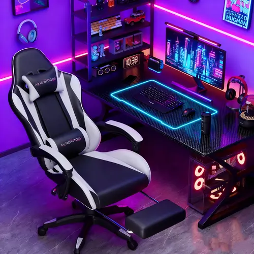 【MASSAGE CHAIR】Mr IRONSTONE Gaming Chair, Computer Chair with Massage Lumbar Support and Footrest Height Adjustable, Game Chair with 360°-Swivel Seat and Headrest, for Office or Gaming, Black/Blue