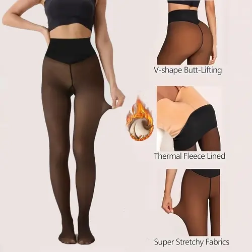NEW COMPRESSION BAND & V-SHAPE BUTT LIFT! Women's Magic Fleece Lined Leggings Sheer Fake Translucent Pantyhose Thermal High Waisted Footed Opaque Tights Closed Foot Available in Plus Size M-3XL